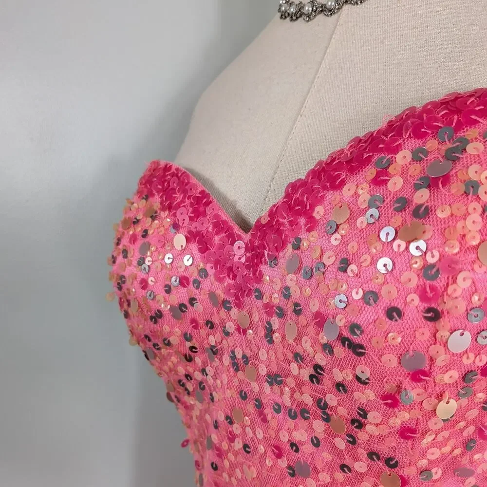 Mermaid Prom Dress Maxi Gown 4 Pink Vintage Y2K Sequin Strapless Coquette Girly - Picture 9 of 11